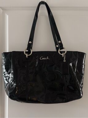 Coach Black Patent Leather Tote Bag Signature Embossed